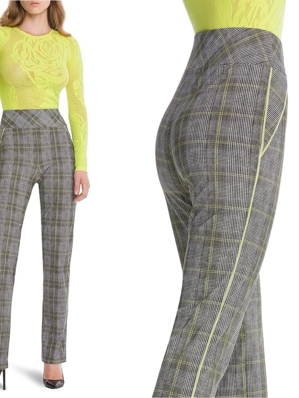 Wolford Tartan Plaid Stretchy Pull Up High Waisted Pants Grey Neon Lime $370